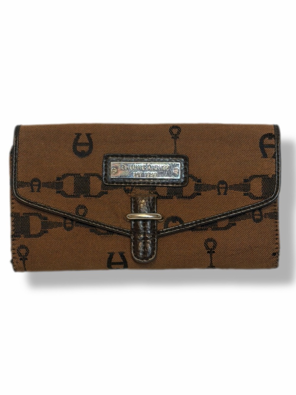 Etienne Aigner Vintage Horsebit Logo Checkbook Wallet Brown